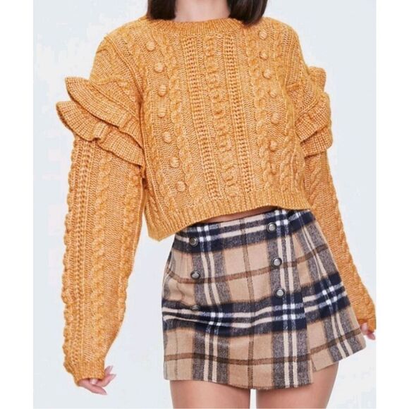 Forever 21 Sweaters - Rare Forever 21 Yellow Cable Knit Crop Sweater Ruffle Seeve Mustard Size 3X